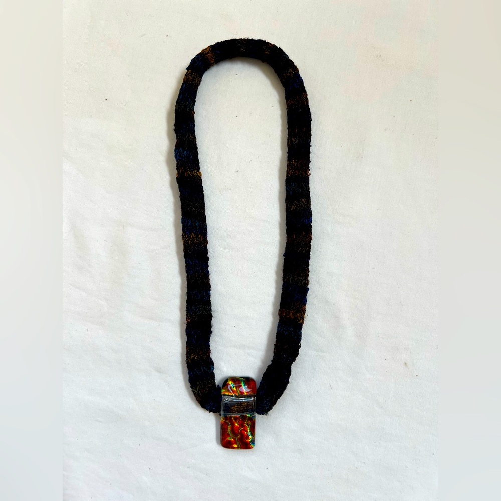 Woven Necklace Glass Foiled Pendant Bohemian Artist Signed Choker 10" Fob 1 1/2"